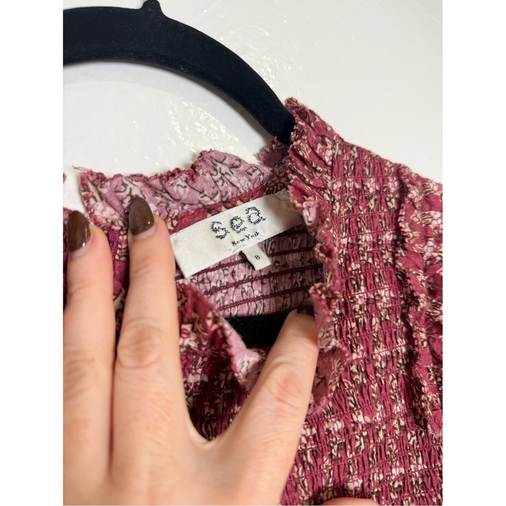 Sea NY Beaux Ruffled Shirred Floral Cotton Midi Dress Burgundy Size 8 - Picture 5 of 6